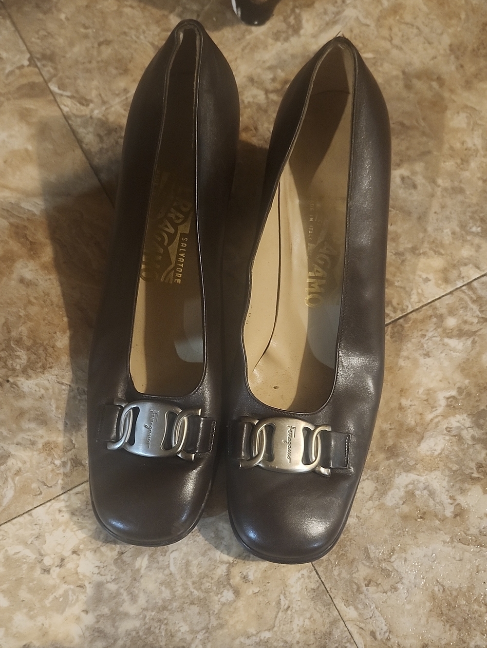 Salvatore Ferragamo Dark Brown Leather Metal-Buckle Low Heel Pumps